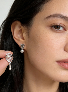 原创厚镀真金个性羽毛球拍AB款珍珠耳钉小众创意运动风设计感耳饰