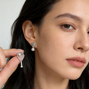 原创厚镀真金个性 珍珠耳钉小众创意运动风设计感耳饰 羽毛球拍AB款