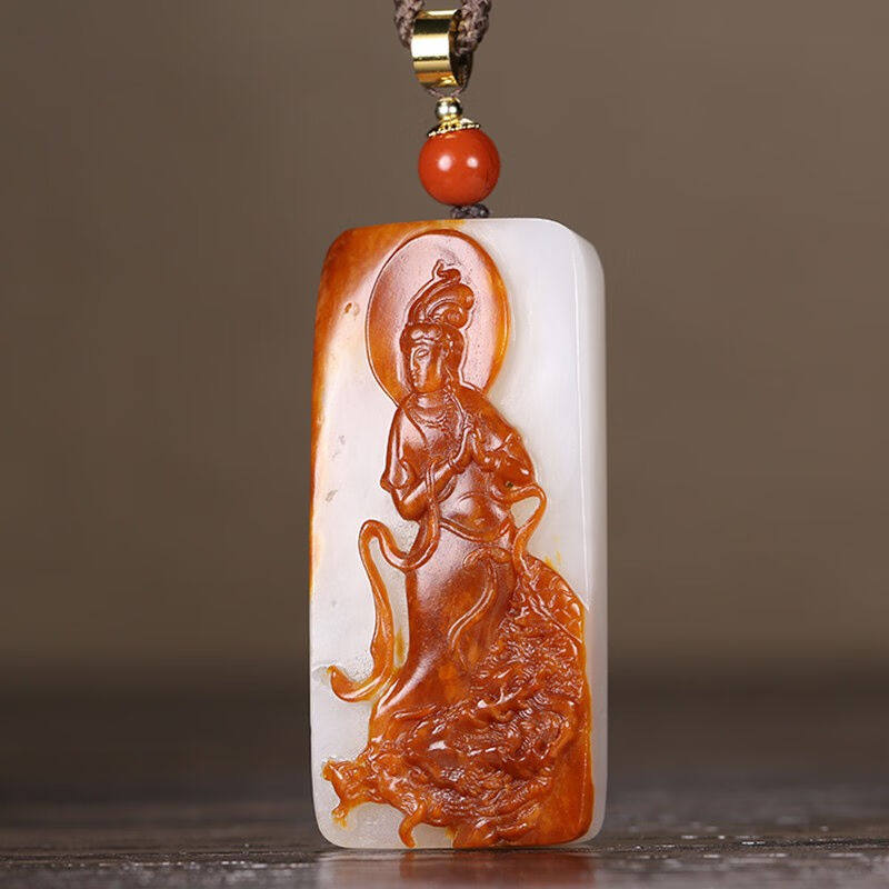 吉乐瑞和田玉观音挂牌白玉籽料男款玉牌乘龙观音82g