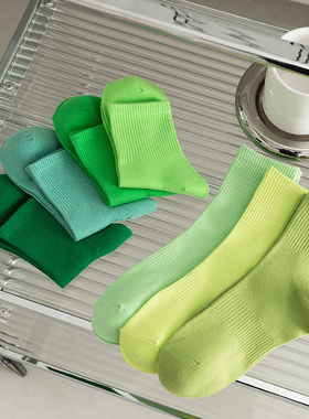 绿色袜子女夏季薄款纯棉韩国ins潮网红款牛油果绿草绿彩色中筒袜