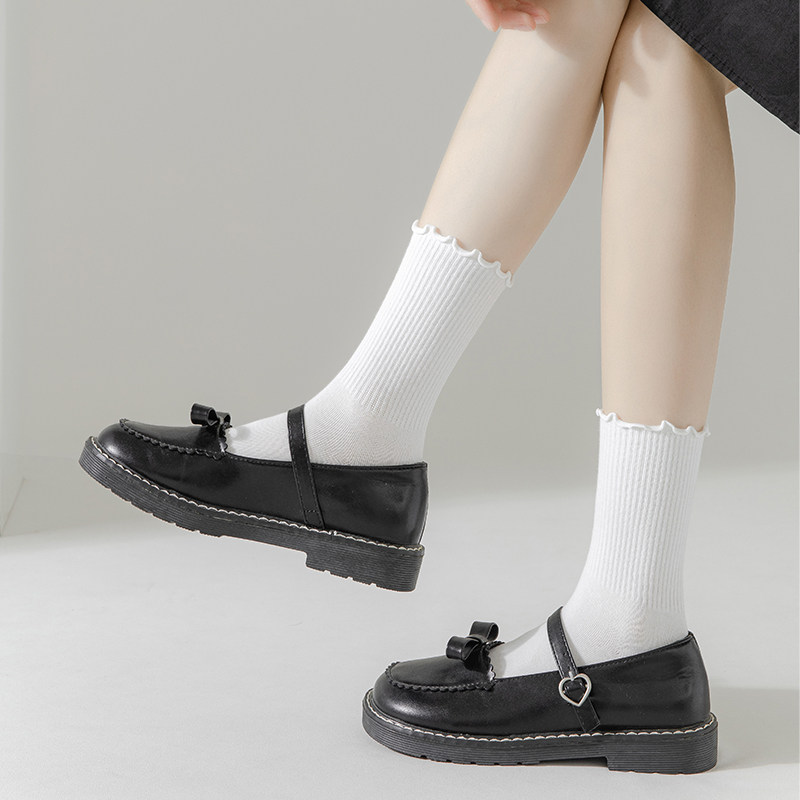 玛丽珍鞋子袜子女夏季薄款纯棉小皮鞋法式花边木耳边白色中筒袜