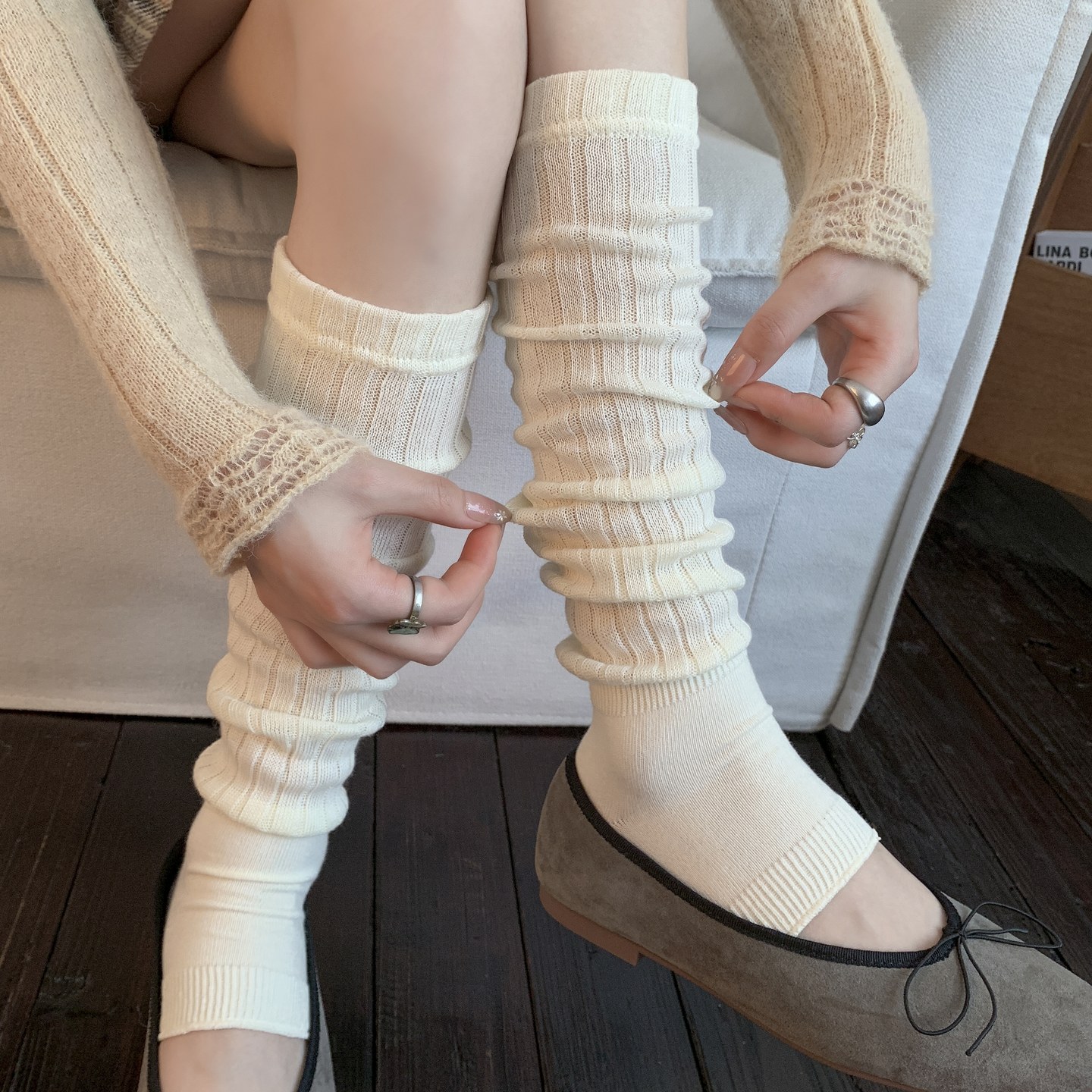 白色堆堆袜女春秋季miu系芭蕾风竖纹踩脚袜套日系纯色长筒小腿袜