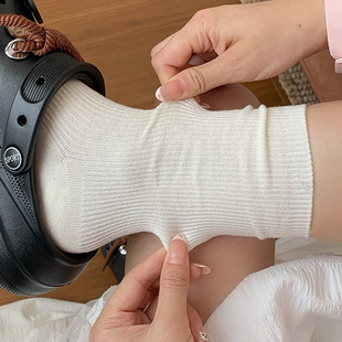 中筒袜夏季 白色袜子女薄款 纯棉纯色细针日系ins潮奶白色堆堆袜