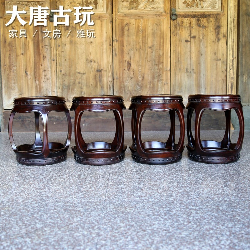 中式古典明式红木家具红酸枝矮凳木圆凳绣墩换鞋凳微凹黄檀鼓凳