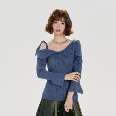 Girlyhalo美式复古针织斜肩长袖毛衣女秋新款设计感修身显瘦上衣