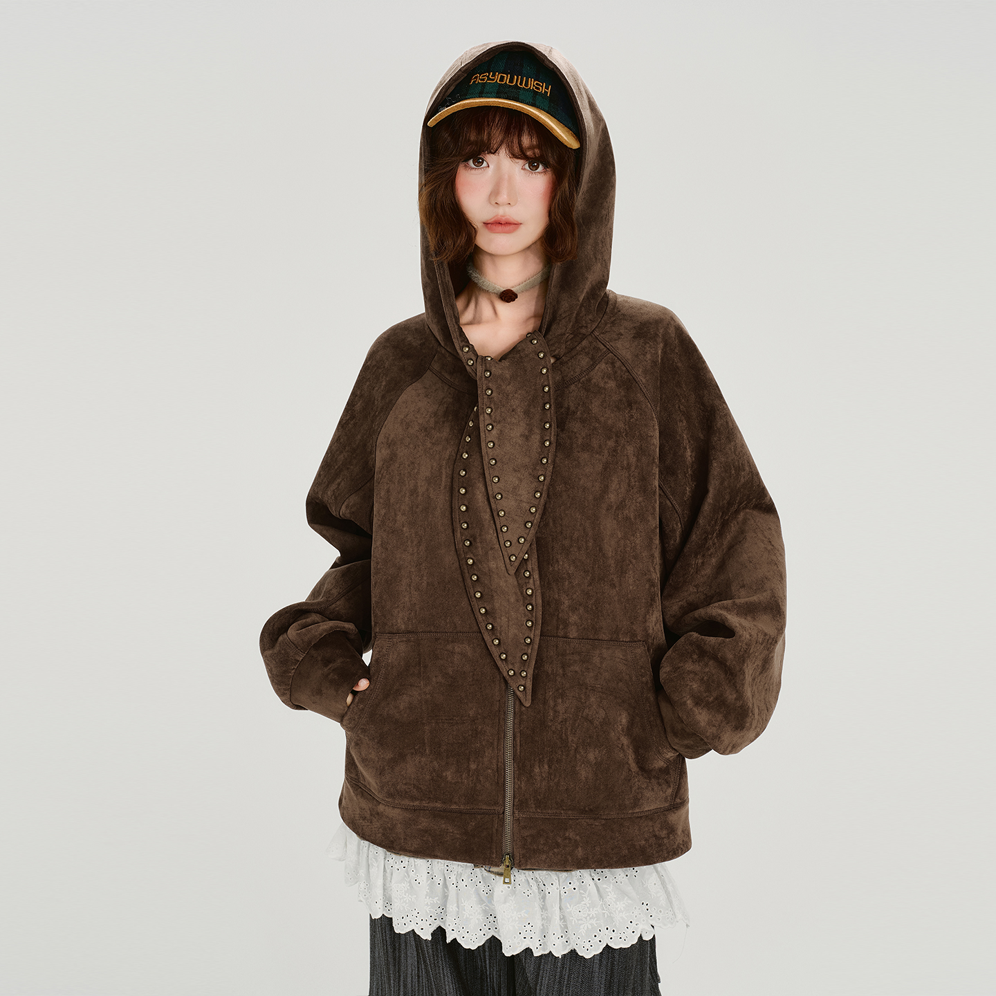 Girlyhalo美式复古设计感麂皮绒连帽外套女秋冬新款宽松休闲上衣