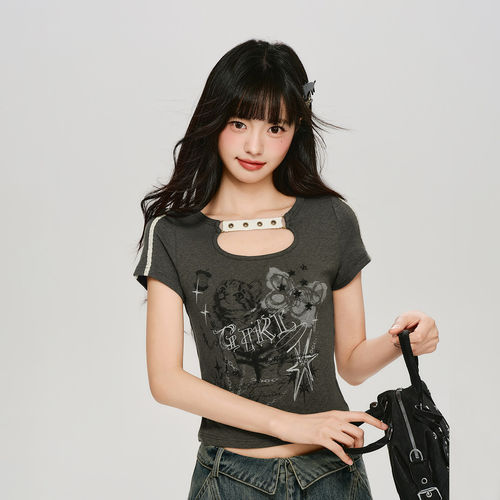 Girlyhalo美式复古辣妹印花短袖t恤女夏季新款修身正肩设计感上衣