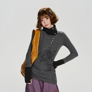 修身 Girlyhalo美式 新款 t恤女秋季 上衣 复古印花拼接设计感高领长袖