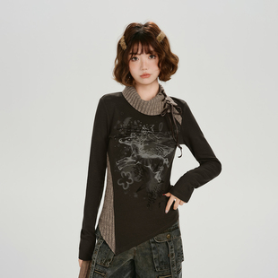 Girlyhalo美式复古不对称高领拼接长袖t恤女春新款设计感修身上衣