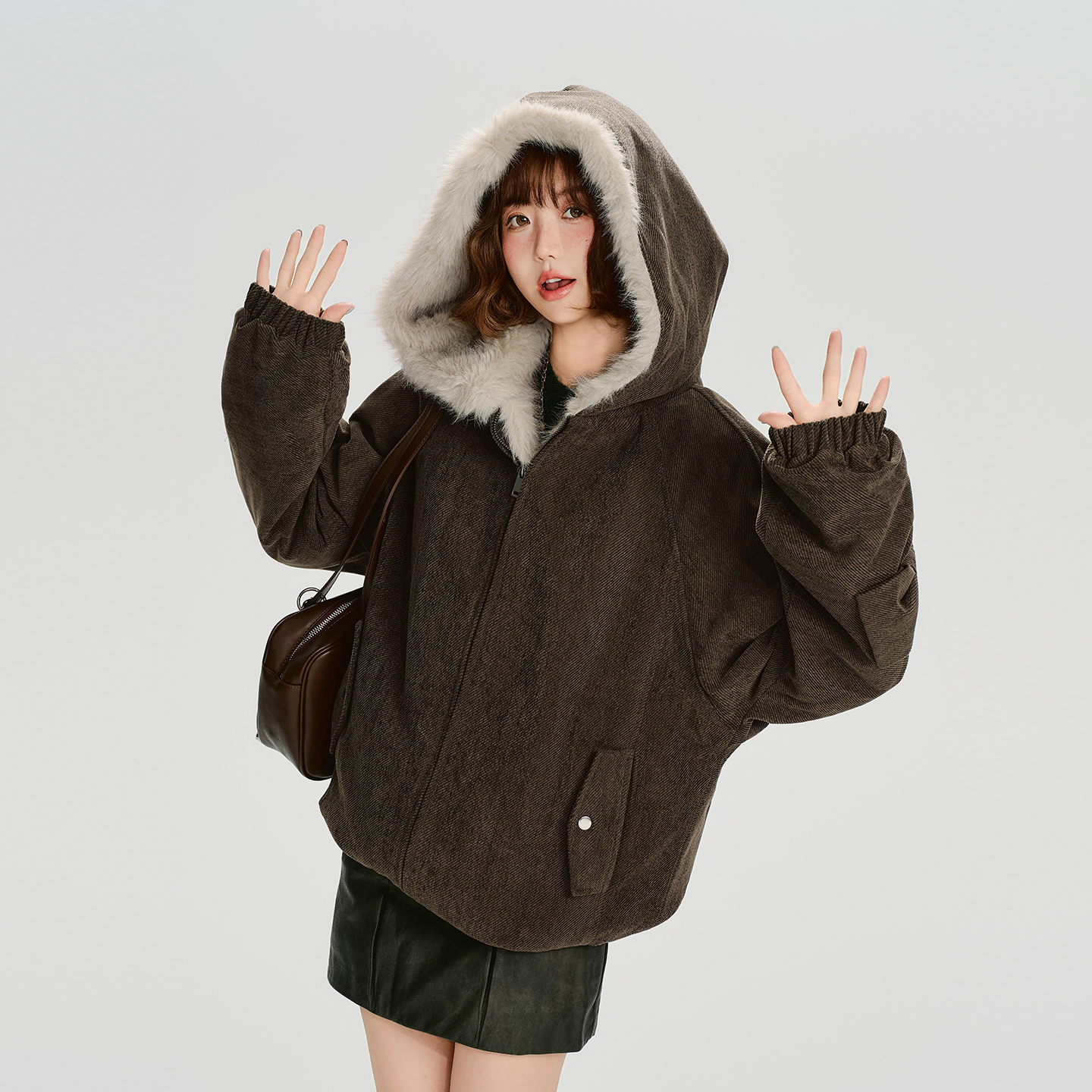 Girlyhalo美式复古连帽外套女冬季新款毛毛绗棉加厚保暖宽松上衣