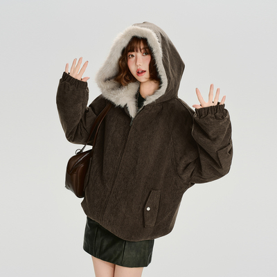 Girlyhalo美式复古连帽外套女冬季新款毛毛绗棉加厚保暖宽松上衣