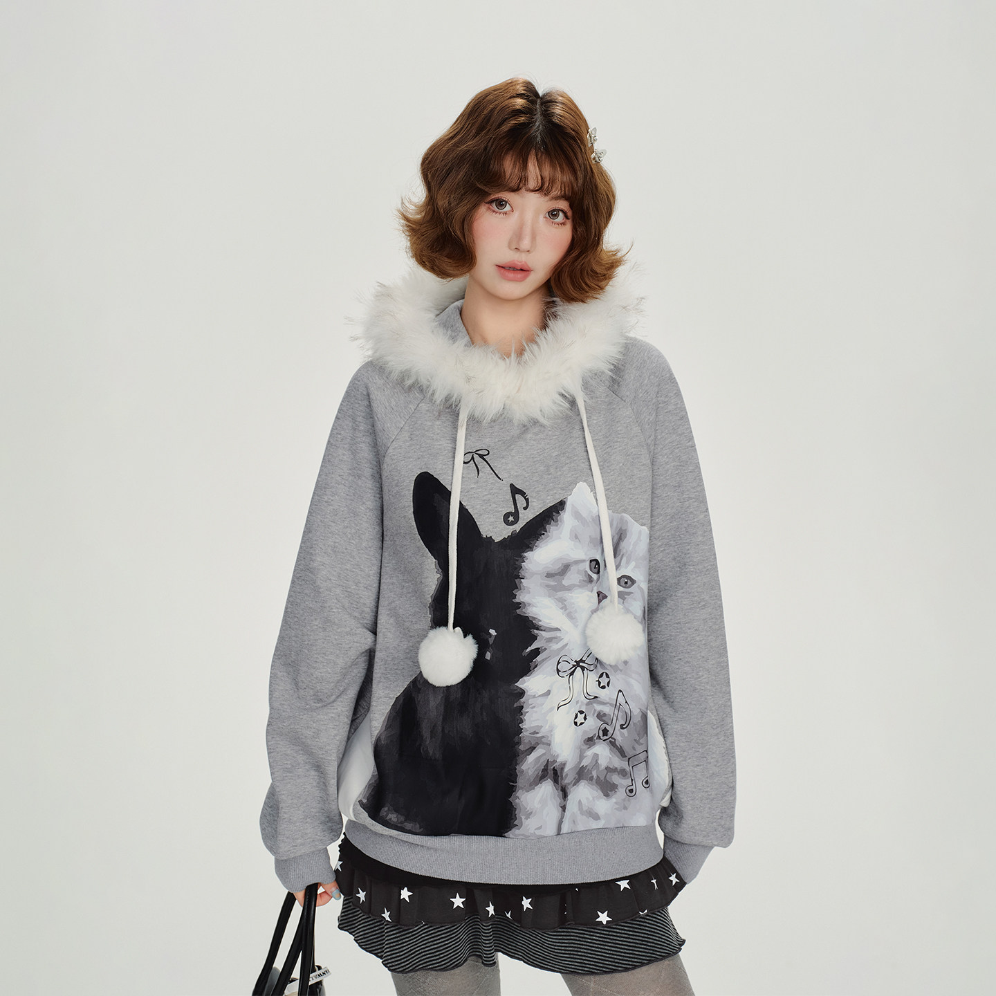 Girlyhalo美式复古毛领连帽卫衣女秋冬季设计感印花宽松慵懒上衣