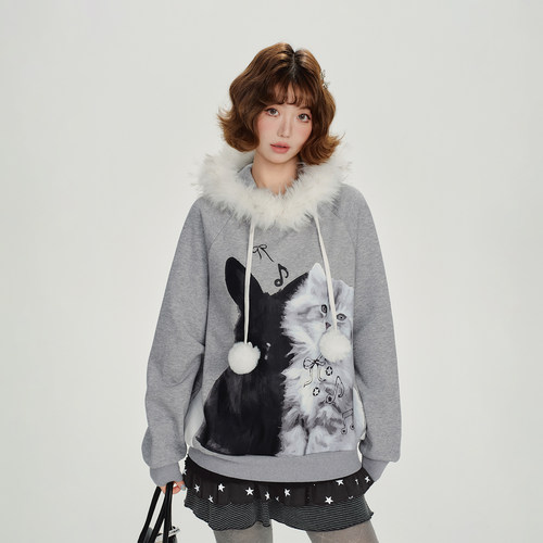 Girlyhalo美式复古毛领连帽卫衣女秋冬季设计感印花宽松慵懒上衣