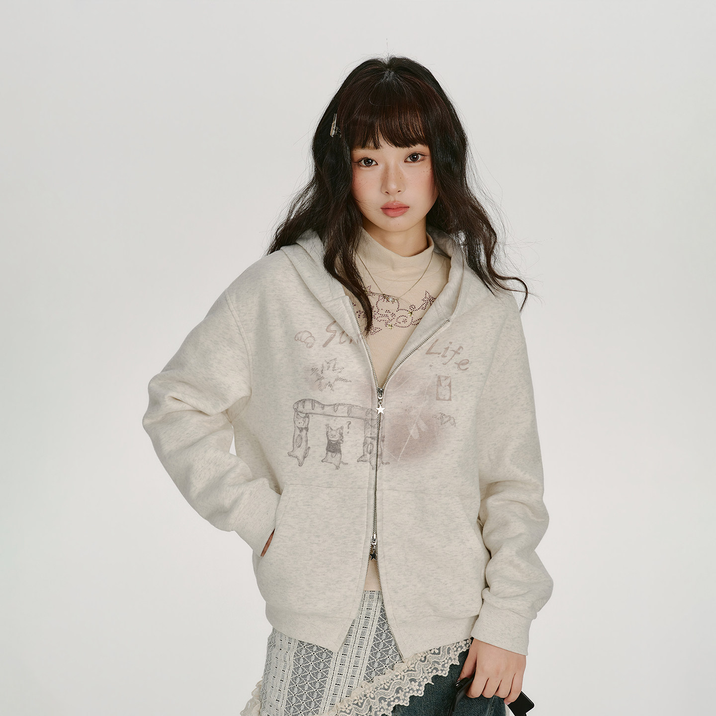 Girlyhalo美式复古趣味印花连帽卫衣开衫女秋季新款宽松休闲外套
