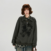 Girlyhalo美式 设计感宽松上衣 复古翻领格纹假两件卫衣女秋冬新款