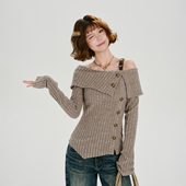 Girlyhalo美式 显瘦上衣 单肩修身 复古辣妹不规则长袖 t恤女春秋新款