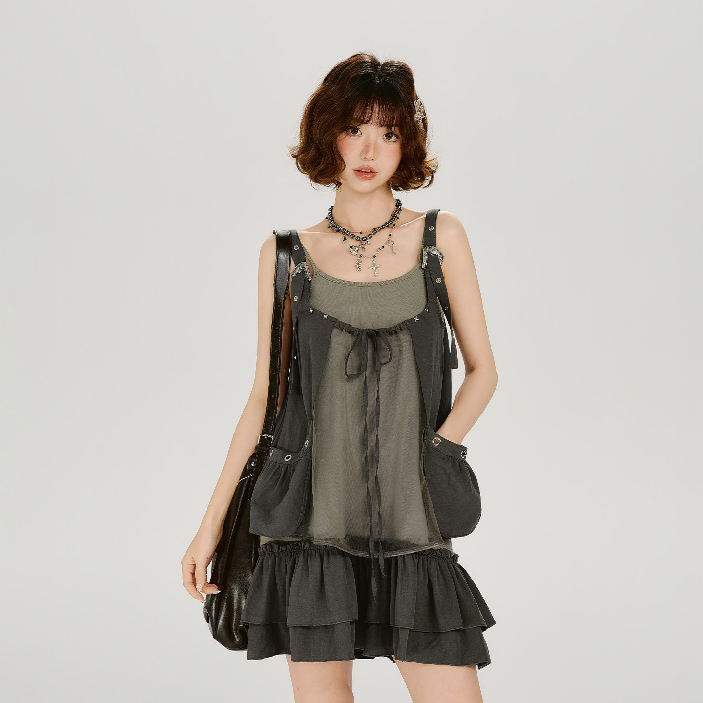 Girlyhalo美式复古两件套拼接吊带裙女夏季新款设计感宽松短裙