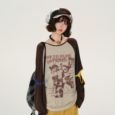 Girlyhalo美式复古印花撞色设计感长袖t恤女秋季新款宽松显瘦上衣