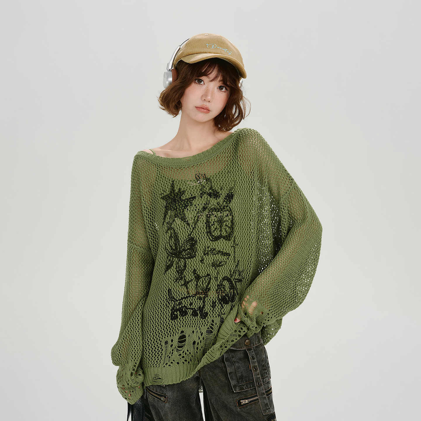 Girlyhalo美式复古辣妹印花镂空针织衫女春季新款宽松罩衫上衣