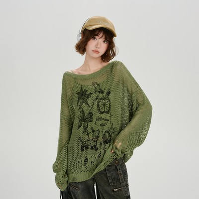 Girlyhalo美式复古辣妹印花镂空针织衫女春季新款宽松罩衫上衣