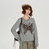 短款 外套女秋新款 设计感上衣 复古蝴蝶提花针织开衫 Girlyhalo美式