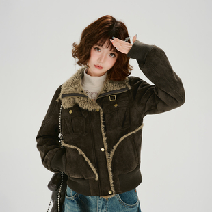 Girlyhalo美式复古工装皮毛一体外套女冬新款短款设计感夹克上衣