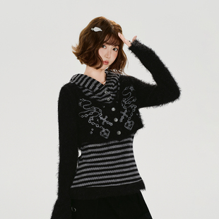 毛绒上衣 t恤女秋冬新款 Girlyhalo美式 复古假两件设计感连帽长袖