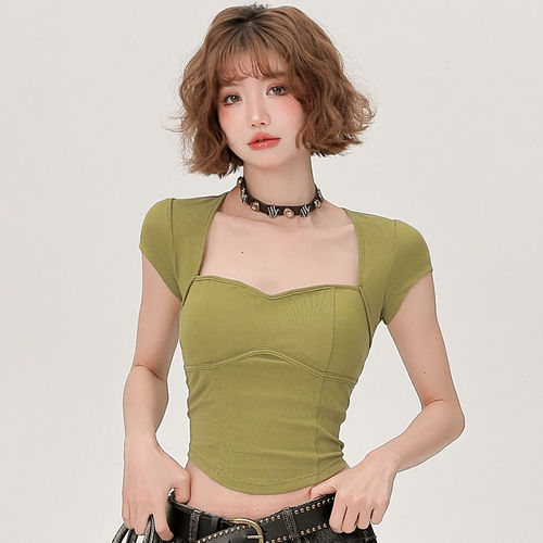 Girlyhalo美式辣妹短袖t恤女带胸垫夏季新款纯欲短款修身收腰上衣