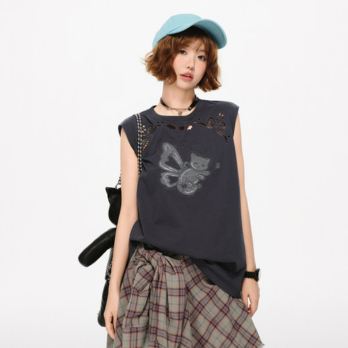 Girlyhalo美式复古重工镂空刺绣无袖t恤女夏新款宽松显瘦背心上衣