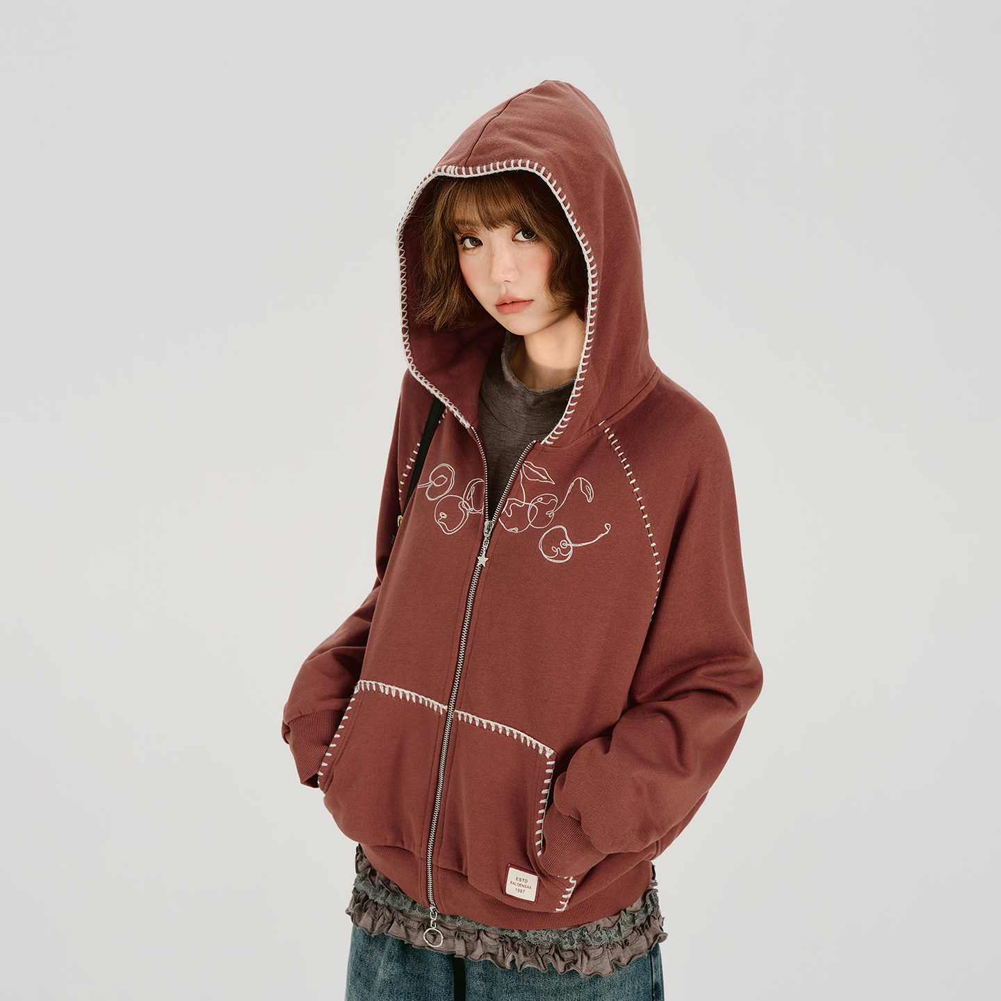 Girlyhalo美式复古连帽刺绣卫衣开衫女秋季新款撞色宽松插肩外套