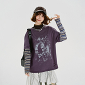 新款 t恤女秋季 破洞宽松显瘦上衣 复古条纹假两件长袖 Girlyhalo美式