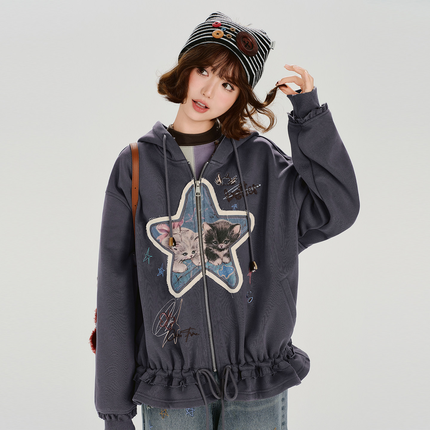 Girlyhalo美式复古刺绣连帽卫衣外套女秋冬新款设计感宽松上衣