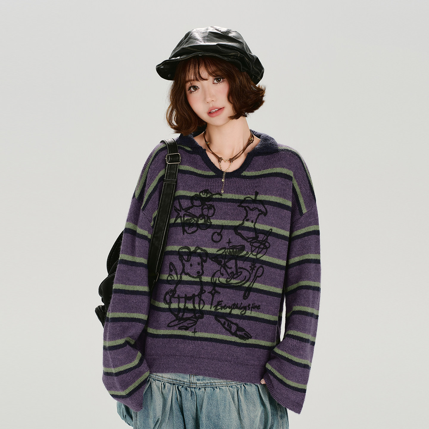 Girlyhalo美式复古印花条纹翻领毛衣女秋冬新款软糯慵懒宽松上衣,女装/女士精品,毛衣,淘宝优惠券,粉丝福利购,淘宝优惠卷
