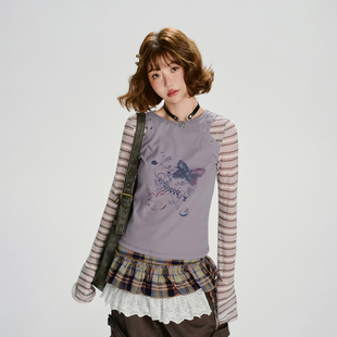 修身 Girlyhalo美式 新款 t恤女秋季 显瘦上衣 复古印花条纹假两件长袖