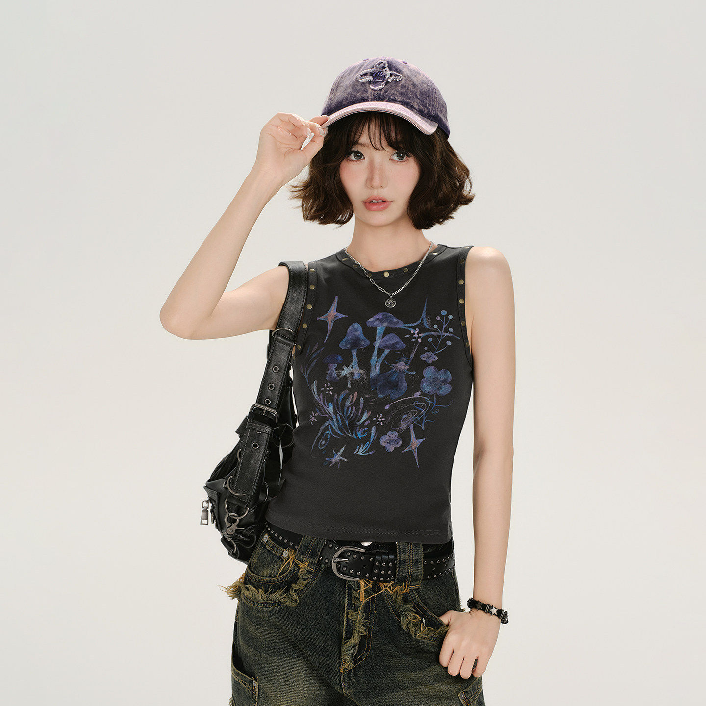 Girlyhalo美式复古辣妹印花无袖t恤女夏季新款短款修身显瘦背心