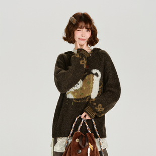 Girlyhalo美式 加厚软糯宽松上衣 复古猫咪提花连帽毛衣女秋冬新款