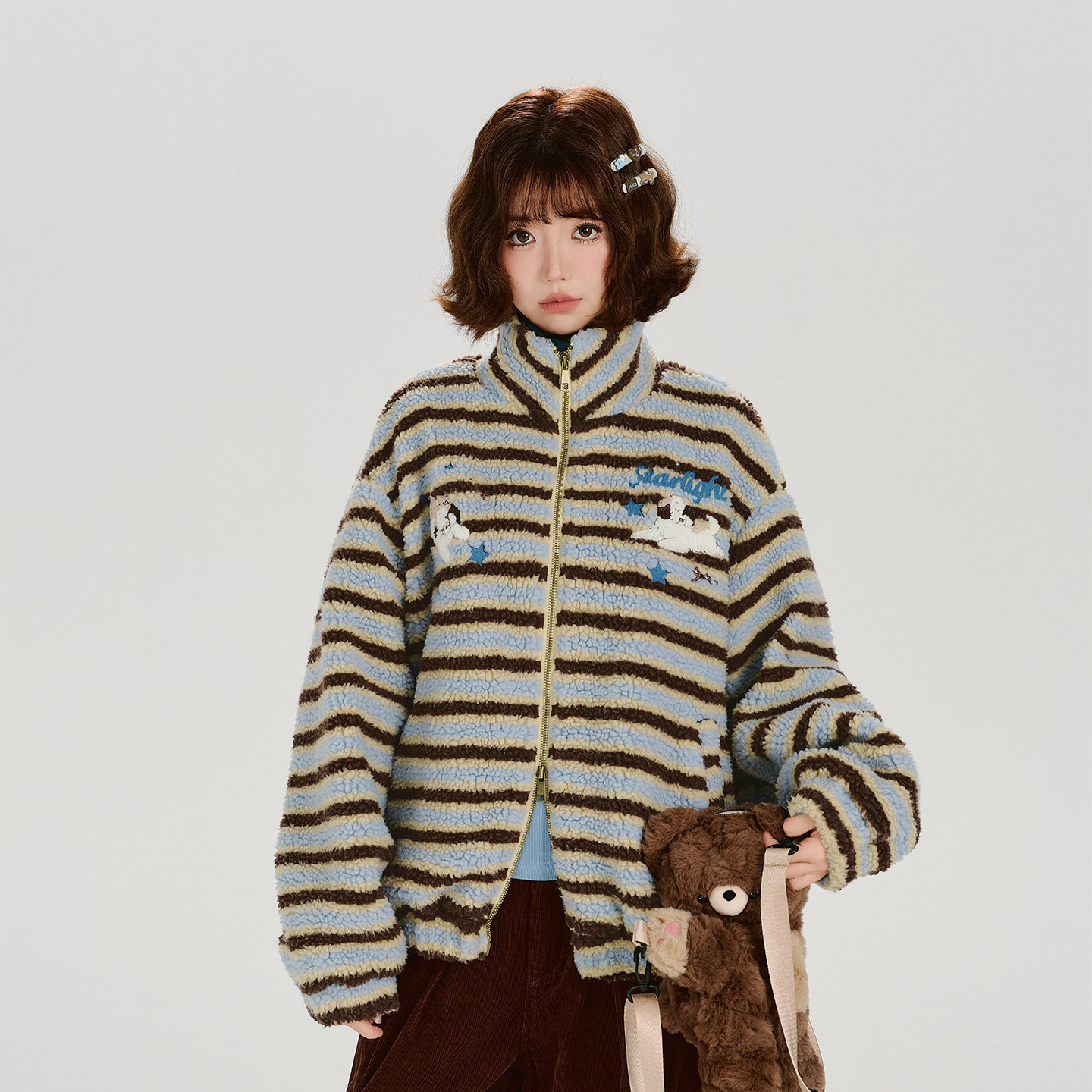 Girlyhalo美式复古毛绒条纹立领厚外套女冬新款加厚保暖宽松上衣