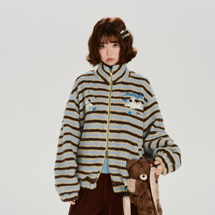 Girlyhalo美式 加厚保暖宽松上衣 复古毛绒条纹立领厚外套女冬新款