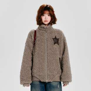 Girlyhalo美式复古立领仿羊羔绒外套女冬季软糯慵懒风加厚夹克