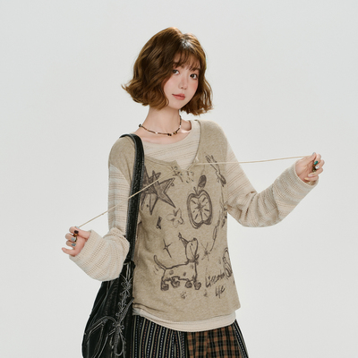 Girlyhalo美式复古印花假两件长袖t恤女秋季新款设计感宽松上衣