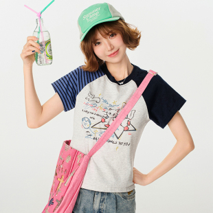 新款 t恤女夏季 撞色印花显瘦休闲上衣 复古插肩短袖 Girlyhalo美式