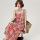 红格子收腰显瘦长款 Girlyhalo美式 复古吊带连衣裙女夏季 裙子