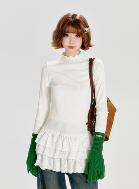 Girlyhalo半高领长袖t恤女秋冬新款多层花边叠穿修身内搭打底衫