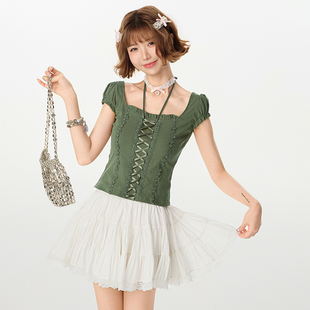 短款 Girlyhalo美式 新款 t恤女夏季 收腰显瘦上衣 复古蕾丝绑带短袖