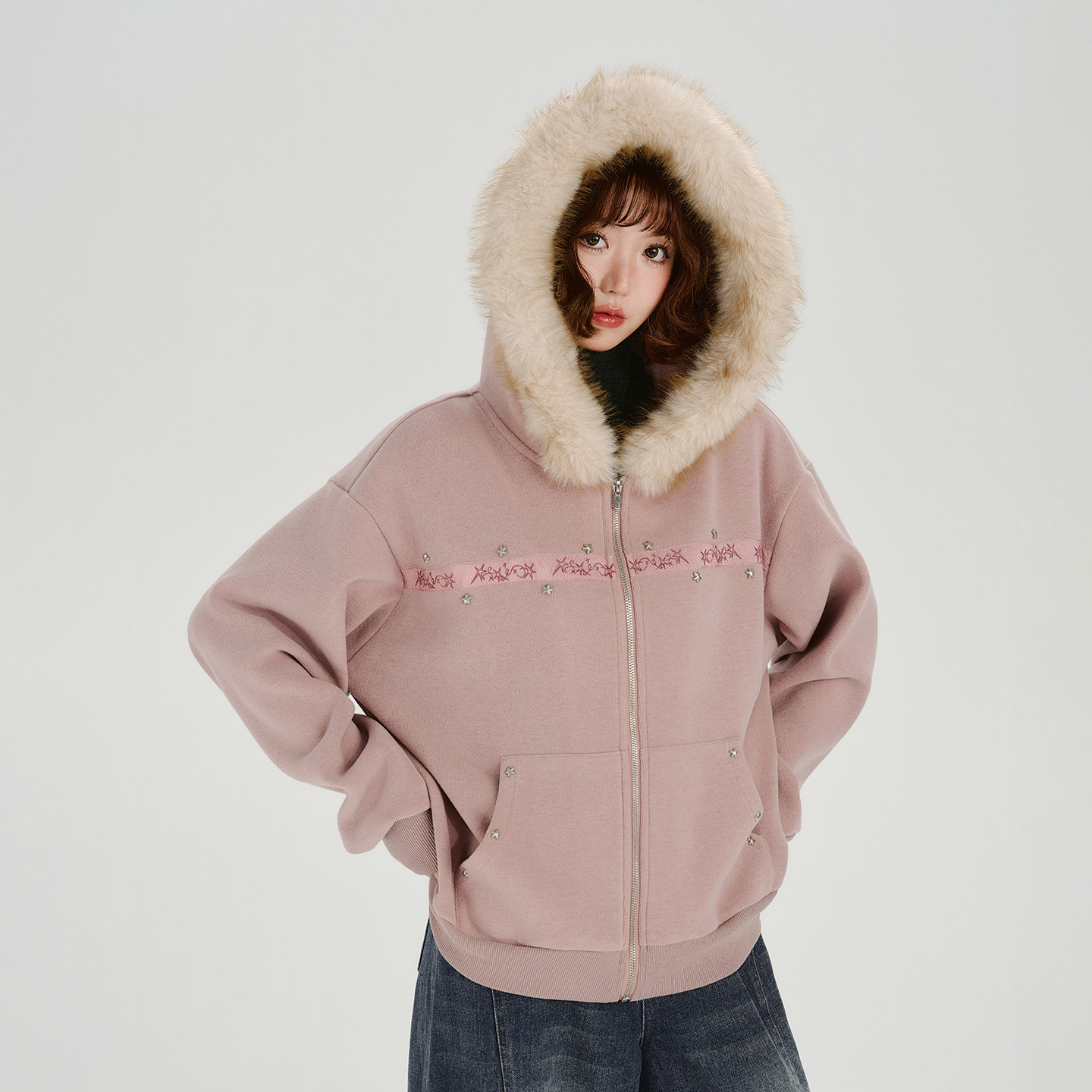 Girlyhalo美式复古毛绒连帽外套女秋冬新款加厚撞钉休闲宽松上衣