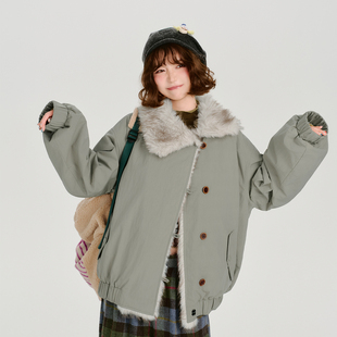 加厚保暖宽松派克服 新款 Girlyhalo美式 复古毛绒翻领外套女冬季