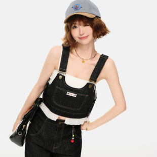 设计感套装 Girlyhalo美式 新款 两件套女夏季 复古牛仔分体背带裤