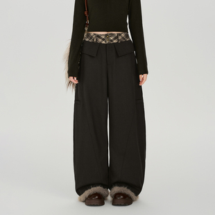 Girlyhalo美式复古拼接栗色休闲裤女秋季新款设计感宽松阔腿长裤