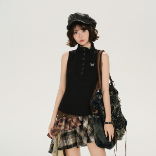 单排扣修身 Girlyhalo美式 新款 背心女夏季 显瘦上衣 复古立领无袖