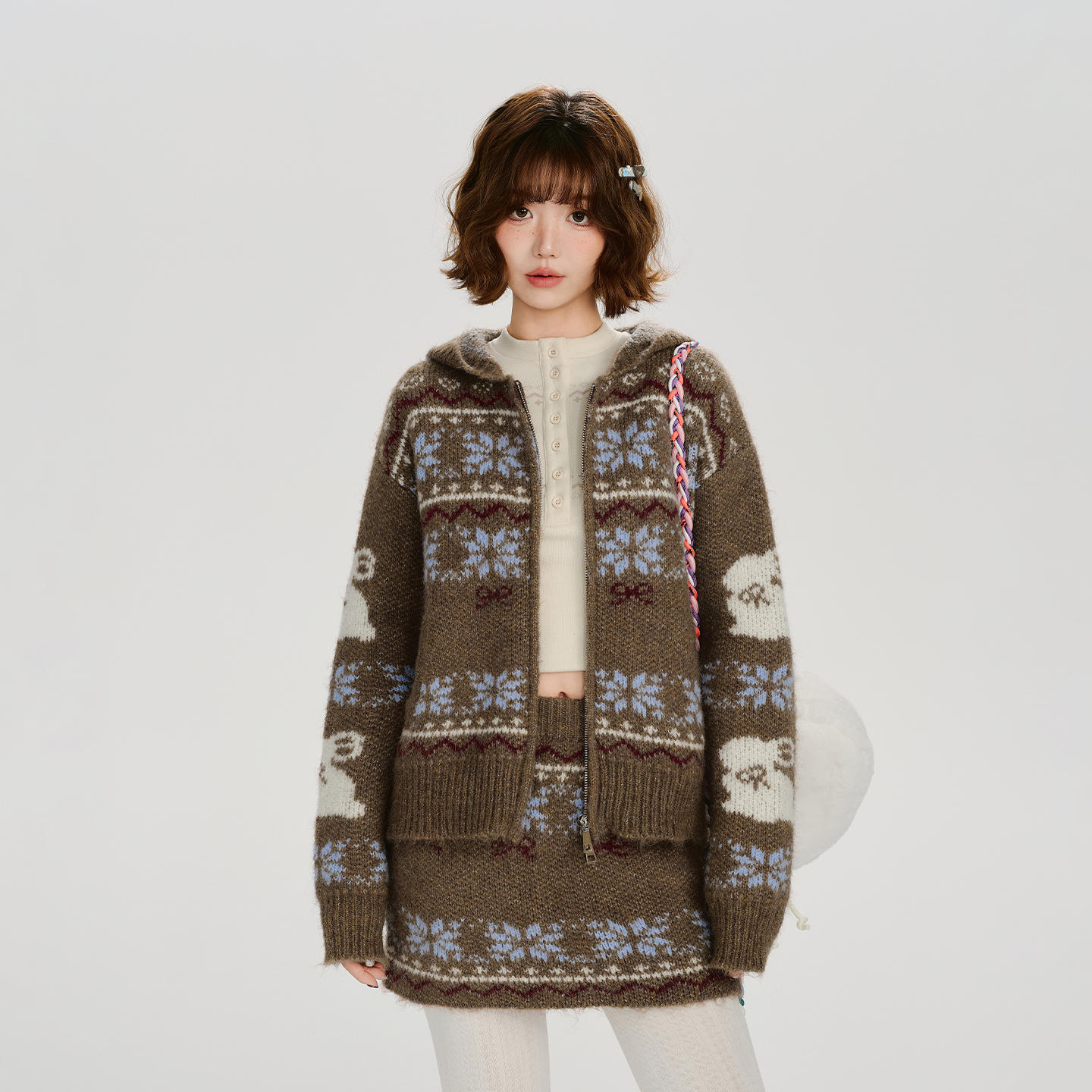 Girlyhalo美式复古费尔岛连帽毛衣外套女秋冬季提花针织半裙套装